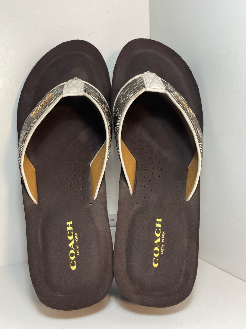 COACH Jolene Brown Cream Gold Thong Wedge Heel Sandals Women’s Size 9.5 B NWOB - Picture 14 of 15